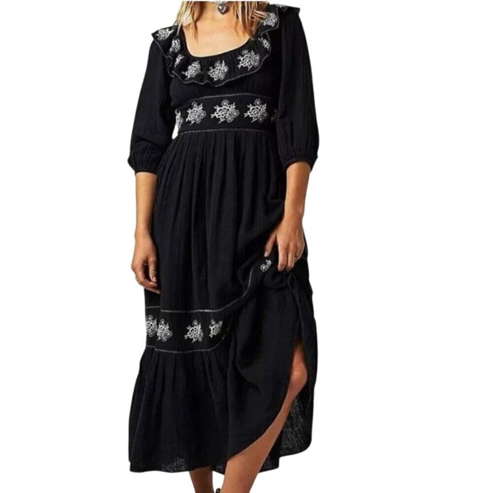 Free People Lovers Lane Maxi Dress Black Embroidered Peasant Size S